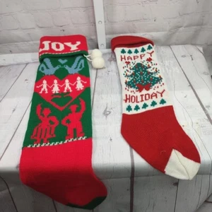 2 Knit Christmas Stockings with Pom Poms "Happy Holiday" and "Joy" VTG MCM Look - Picture 1 of 5
