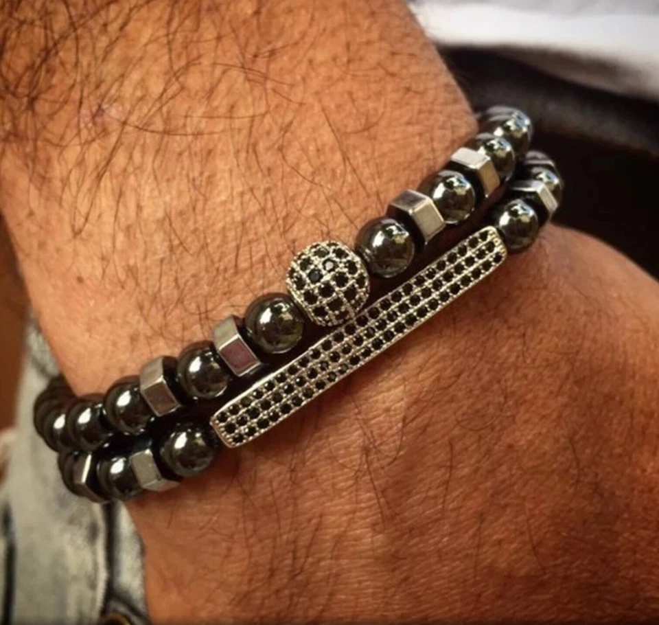 ARMBAND ELEGANT 2ER SET UNISEX HÄMATIT CHARM STEIN PERLEN FLEXIBEL SILBER GRAU - Bild 1 von 1