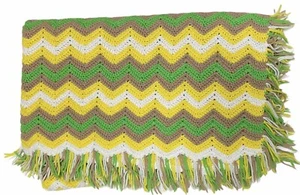 Chevron Crochet Afghan Throw Blanket Vintage Green White Yellow Brown 60" x 48"  - Picture 1 of 4