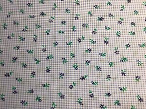 Blue Gingham Check Tiny Flowers Floral Poly Cotton Fabric - Sold by 1/2 Metre