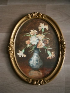Peinture Aquarelle Stella Samson Bouquet Fleurs Oeillets déco Ovale Ancien - Picture 1 of 10