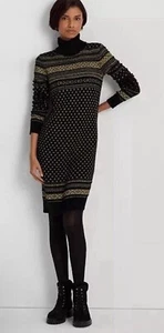 $225 NWT Lauren Ralph Lauren Women’s Fair Isle Turtleneck Sweater Dress Size L - Picture 1 of 7