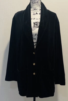 Sonia Rykiel 黑色丝绒天鹅绒夹克外套纽扣口袋臀部长度 XL — 第 1/4 张图片