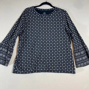 J.Jill Luxe Supima Ruffled Bell Sleeve Top Sz Large Black Beige Floral Medallion - Picture 1 of 8