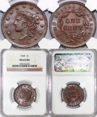 1838 1c N-3 Coronet or Matron Head Large Cent NGC MS 65 BN - Image 1 of 4