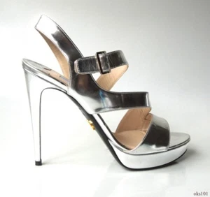 PRADA Espejo Plata 10 40 Asimétrico Puntera Abierta Zapatos Sexy Nuevo $690 - Imagen 1 de 7