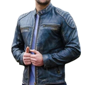 Men's Black Leather Jacket Biker Distressed Motorcycle Fashion Jacket - Picture 1 of 4