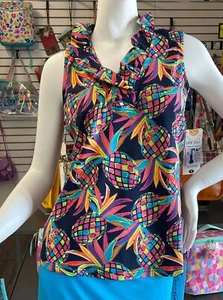 Lulu-B Navy Blue Pineapple Sleeveless Ruffle V-Neck Top UPF50+ Sun Protection SM - Picture 1 of 3