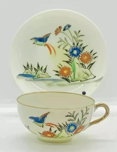 Dúo de platillo de copa japonés de colección porcelana dorada pintada a mano flores de pájaro - Imagen 1 de 12