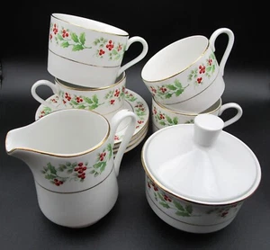 Gibson Holly Berry Set of 4 Coffee Cups with Saucers & Creamer & Sugar Bowl  - Picture 1 of 13