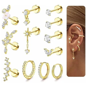 12 Stück Edelstahl Zirkon Huggie Creolen Ohrstecker Flacher Rücken Ohr Piercing Set - Bild 1 von 22