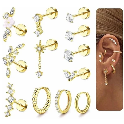 Juego de 12 piezas de aretes tipo aro Huggie de circón de acero inoxidable con perno y espalda plana Foto 1 de 4