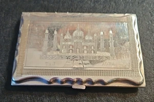 Portasigarette vintage anni 40 Taj Mahal inciso argento tomo metallo 5" x 3" - Foto 1 di 4