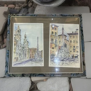 Impresionante conjunto de pintura en acuarela Piazza Navona arte por el italiano Fausto Battelli - Imagen 1 de 7