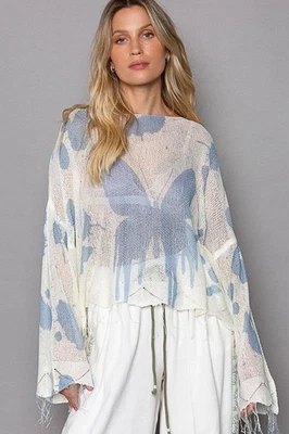POL Oversized Butterfly Knit Sweater with Frayed Hem – Blue & Off White - Image 1 of 4