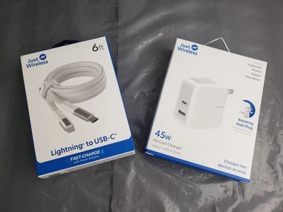 Nuevo Just Wireless 45W USB-A USB-C RÁPIDO ENCHUFE DE PARED GIRATORIO Y CABLE DE 6 pies Foto 1 de 3