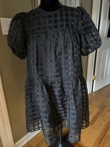 English Factory Puffy Sleeve Black Dress window pane semi sheer lined tired sz S - Picture 1 of 17