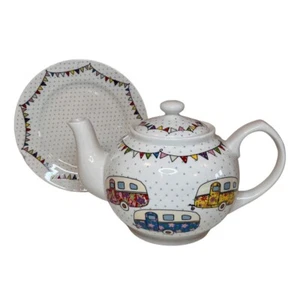 Queens Churchill Pottery Caravan Trail Teapot & Tea Plate Festival Caravans - Picture 1 of 10