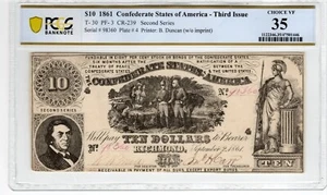 T-30 PF-3 $10 1861 Confederate Paper Money - PCGS-B Choice Very Fine 35 - Picture 1 of 2