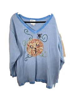 Quacker Factory Blue Halloween Pumpkin Sweater Sequin Spider Spooky Womans Sz 3X - Picture 1 of 7