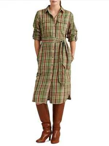 Ralph Lauren Womens size 10 Plaid Green Shirtdress Long sleeve Cotton Belted NWT - Picture 1 of 3