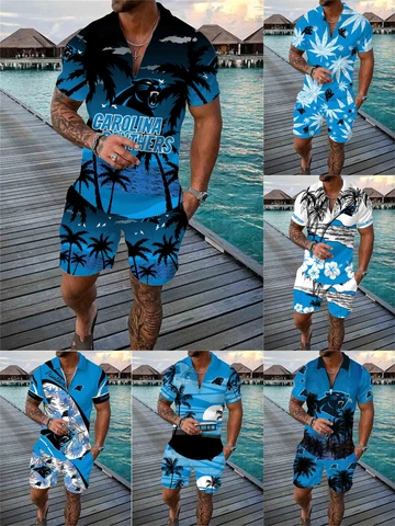 Carolina Panthers Men's Hawaiian Casual Tops Running Board Shorts 2PCS Tracksuit Cover