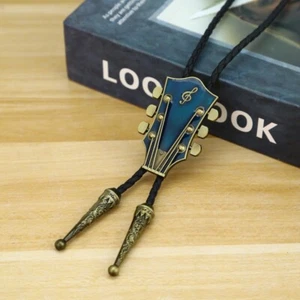 Vintage Mens Bolo Tie Western Cowboy GUITAR Alloy Necklace PU Rope Party Wedding - Picture 1 of 5