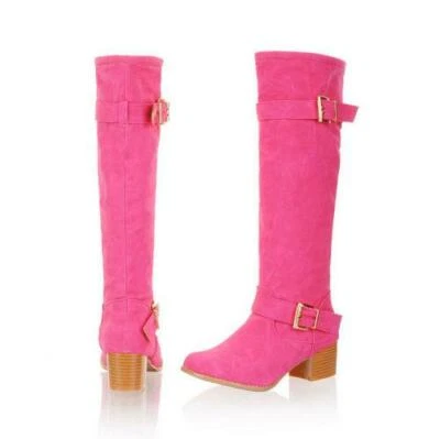 糖果及膝高骑靴女式厚中跟扣麂皮绒拉鞋尺码 — 第 1/4 张图片