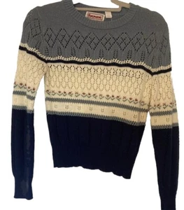 VINTAGE 70S WOMENS BLUE & CREAM TINY FLOWERS ACRYLIC HIPPIE SWEATER SMALL - Picture 1 of 4