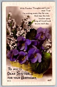To My Dear Sister For Your Birthday, Violets, Lilies, 1937 Real Photo Postcard