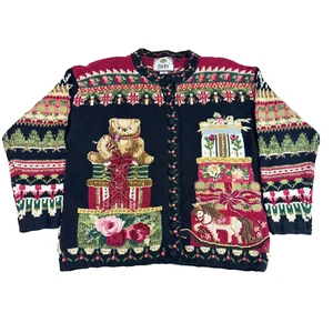 Vtg Tiara International Ugly Christmas Sweater Knit Teddy Bear Presents Ribbon M - Picture 1 of 11