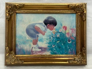 Donald Zolan Ostern Morgen Junge riechende Blumen gold gerahmt LE nummeriert Vintage - Bild 1 von 2