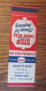 CUBIERTA DE LIBRO DE CERILLAS DE GASOLINERA BAILEY'S ESSO: RADFORD, VIRGINIA MATCHCOVER -B8 - Imagen 1 de 1