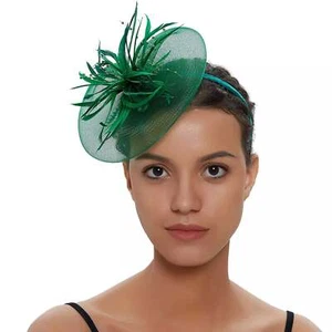 Crinoline and Feather Headband Fascinator - Emerald Green - Foto 1 di 6