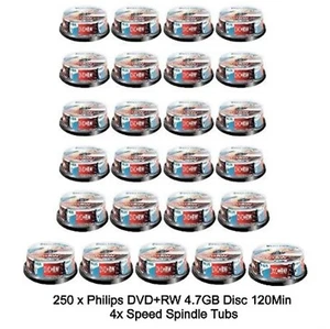 250 Philips DVD+RW 4.7GB Disc 120Min 4x Speed Spindle Tub Rewritable Blank Discs - Picture 1 of 9