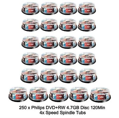 250 Philips DVD+RW 4.7GB Disc 120Min 4x Speed Spindle Tub Rewritable Blank Discs - Image 1 of 4