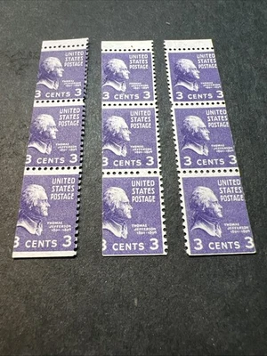 Scott#:807a-Thomas Jefferson 3¢ 1938 Miscut - Misperf Bklt Pane Of 3-9 Stamps-US - Image 1 of 4