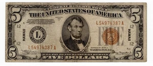 1934A Banconota Hawaii $5 Federal Reserve grezza circolata 4387A - Foto 1 di 2