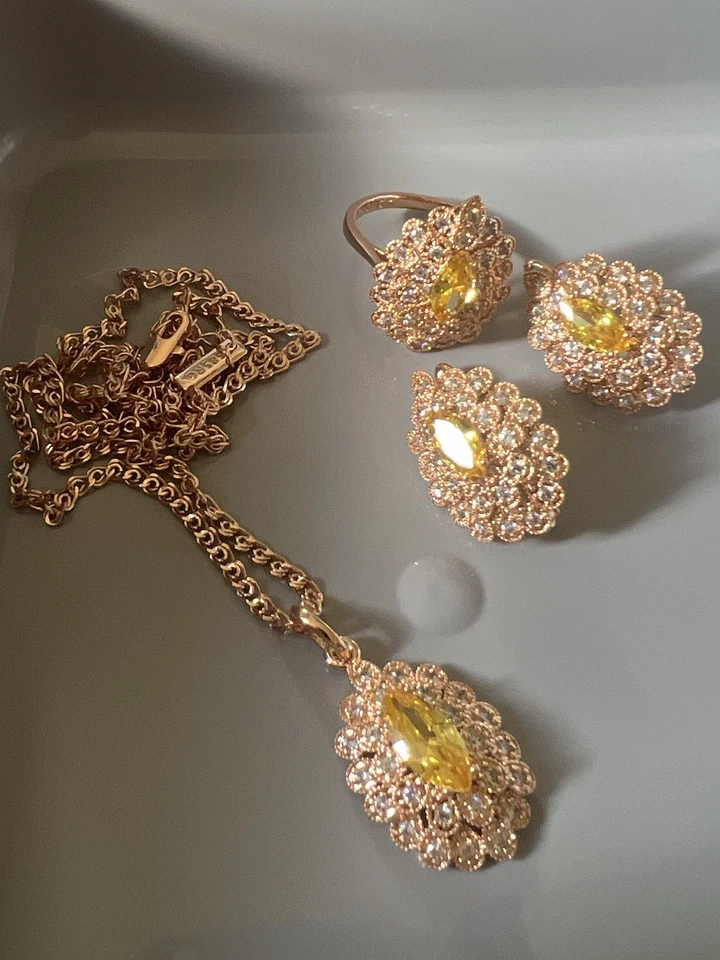 14k Rose Gold Plated Natural Zircon Citrine Jewelry Set Ring 9 Necklace 24” Set - Image 1 of 4