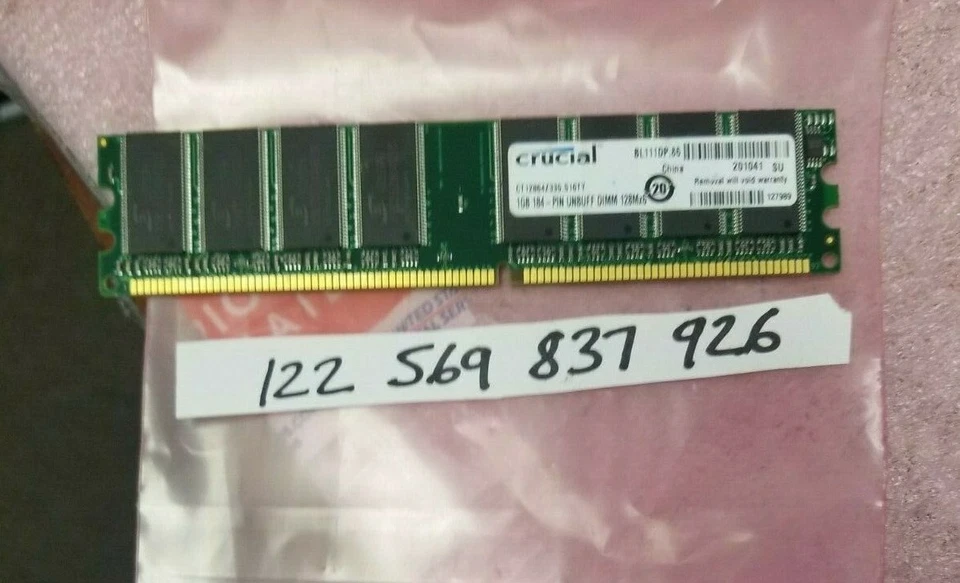  1GB DESKTOP DIMM DDR PC2700(333) UNBUF 2.5v 2RX8 184P 128MX64 64mX8 CL2.5 - Image 1 of 1