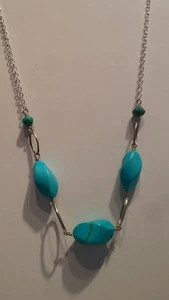 Modernist Sterling Silver Paper clip Chain and Turquoise Adjustable Necklace - Picture 1 of 10
