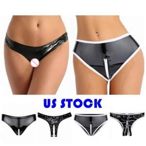 Women Wet Look Bikini Briefs PVC Leather Open Crotch Underwear Mini Booty Shorts - Picture 1 of 21
