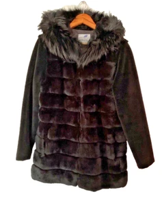 Blue Duck Women's Coat Black Hood Rabbit Lamb Fox Fur Goose Down Puffer Size S - Picture 1 of 11