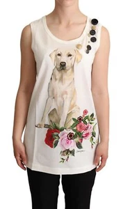 Dolce&Gabbana Women White Tank Top 100% Cotton Dog Floral Print Casual T-Short - Picture 1 of 4