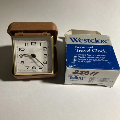 Westclox Wind-Up keywound Travel Alarm Clock In Brown Case with box Cover
