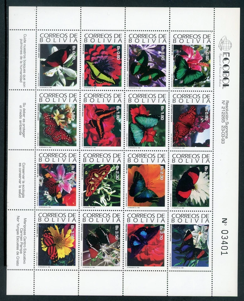 Bolivia Scott #889a MNH HOJA de 16 Mariposas Insectos FAUNA CV$90+ 434751 Foto 1 de 1