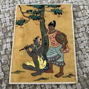 Hand Painted Silk Fine Art of a Couple Scene India 20th Century - Picture 1 of 9