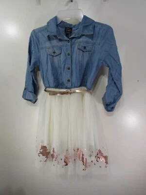 Girls Pink Violet Dress Size 10 Blue  Cream Buttons Long Sleeve Netting Unicorns - Image 1 of 4