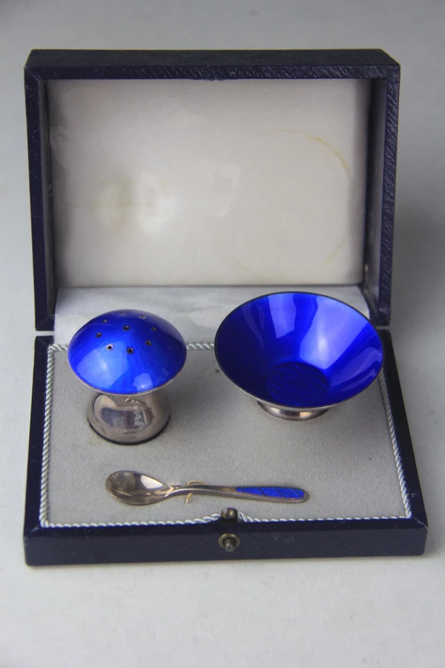 Ela Dinamarca Plata de Ley 925 Azul Esmaltado Sal Plato Champiñón Pimienta Coctelera Foto 1 de 4