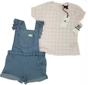 7 For All Mankind Girls 2T 2pc set Jeans Shortall Ruffle Overall Denim Pink Top - Picture 1 of 10